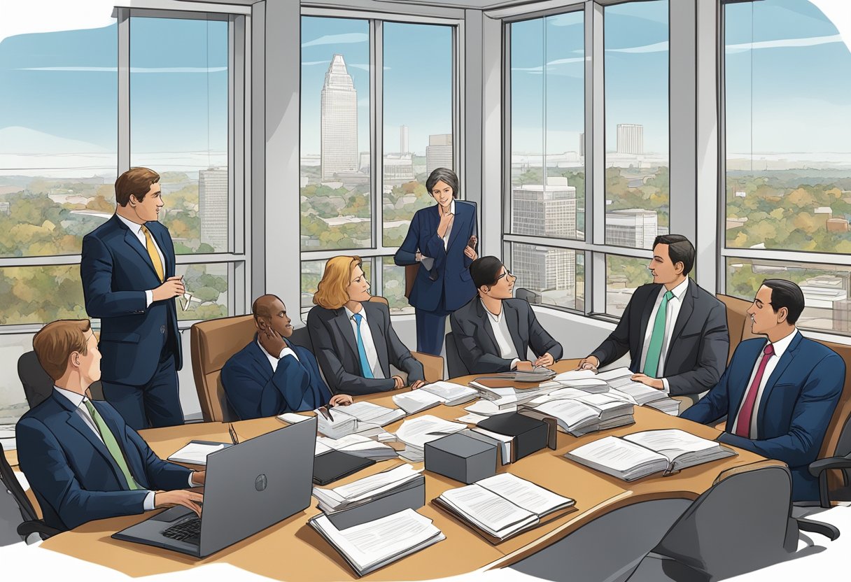 A group of lawyers in suits discussing legal matters in an office in Sacramento, CA. The room is filled with law books, a conference table, and large windows overlooking the city