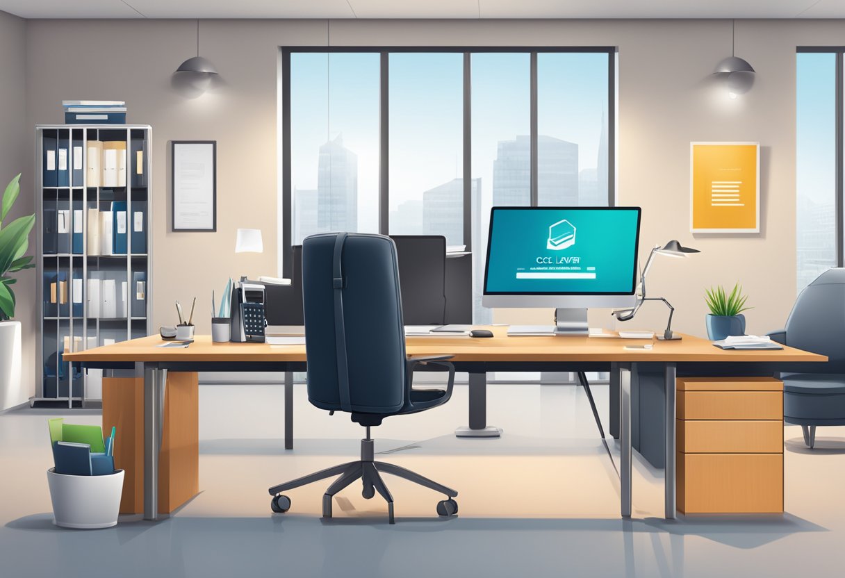 A modern office with a sleek desk, computer, and phone. A sign with "CSC Lawyers Incorporating Service" and contact information displayed prominently