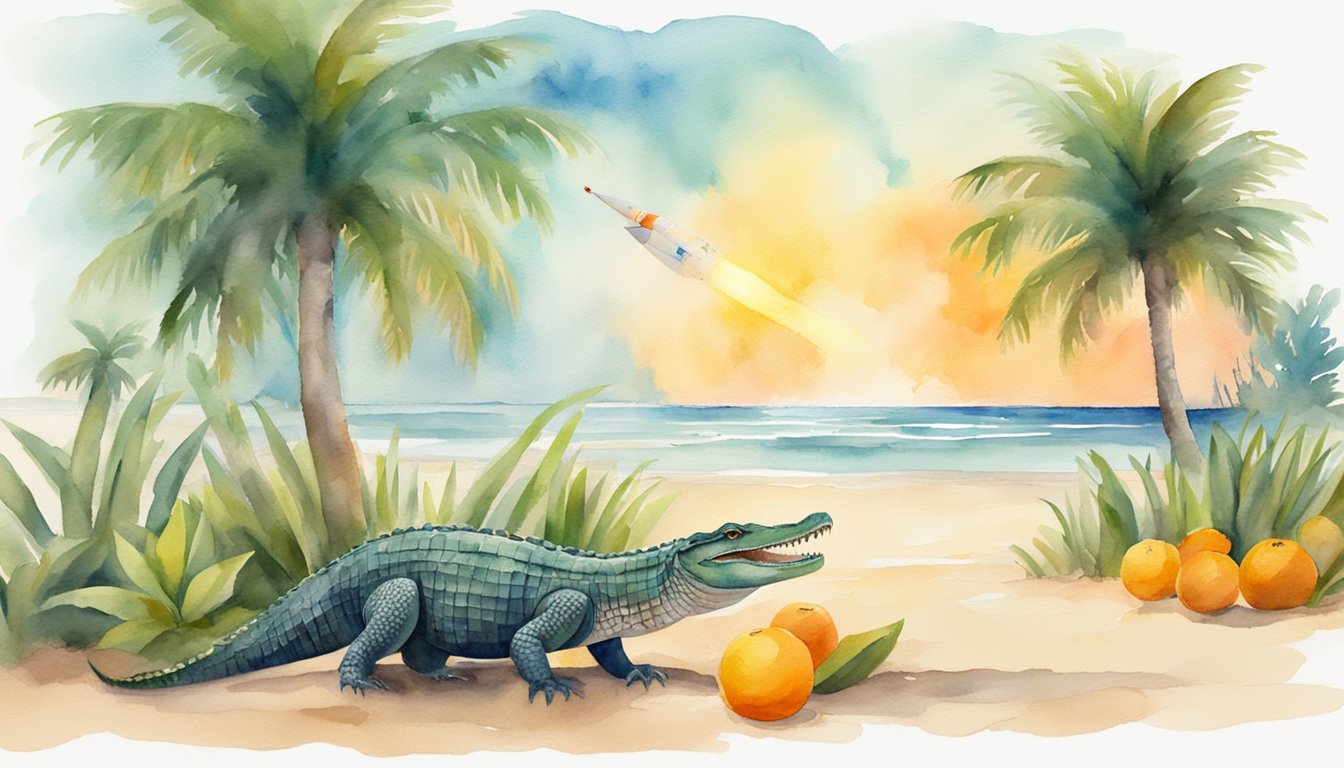 A sunny beach with palm trees, an alligator in a swamp, oranges growing on trees, and a space rocket launching from Cape Canaveral