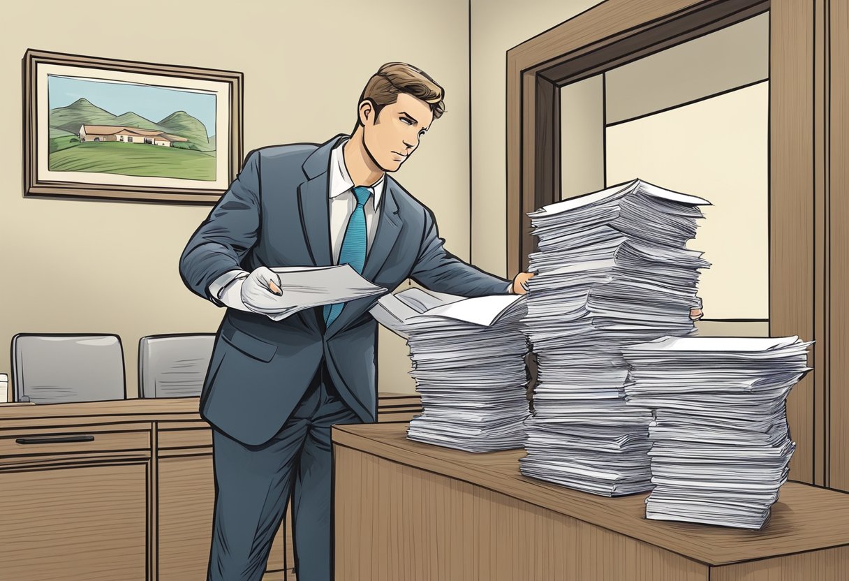 A process server delivers legal documents to a law office in Sacramento, CA. The server is holding a stack of papers and approaching the entrance