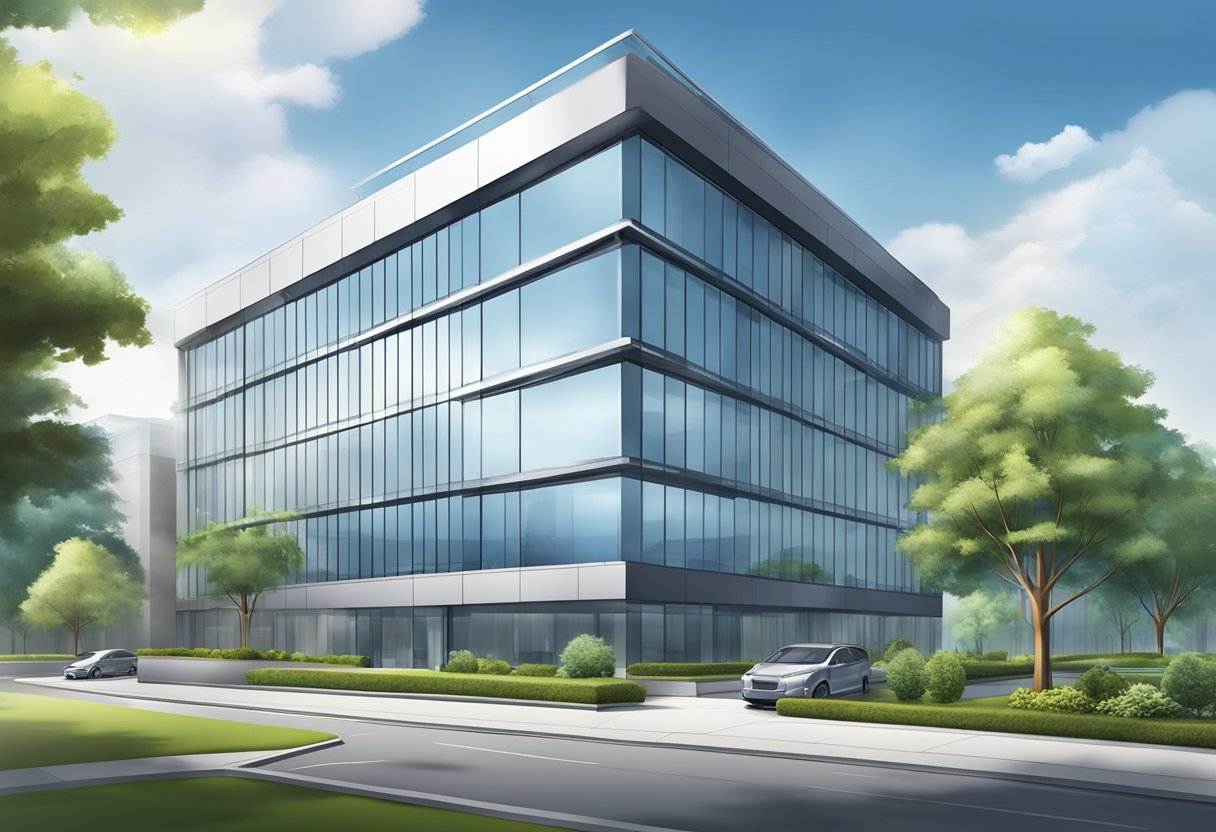 A modern office building with sleek architecture and advanced technology, surrounded by efficient infrastructure and well-maintained landscaping