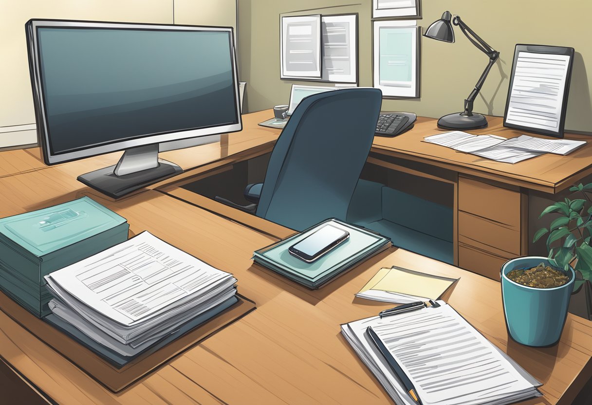 A law firm's office in Sacramento, CA. A desk with legal documents, a computer, and a phone. A sign with the firm's name and contact information