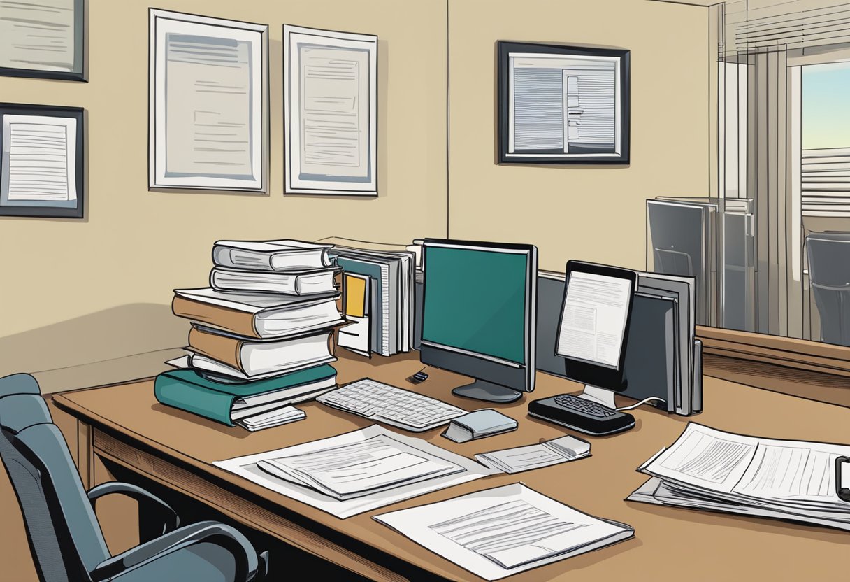 A desk with legal documents, a computer, and a phone. A sign on the wall reads "CSC Lawyers Incorporating Service Company, Sacramento, California."
