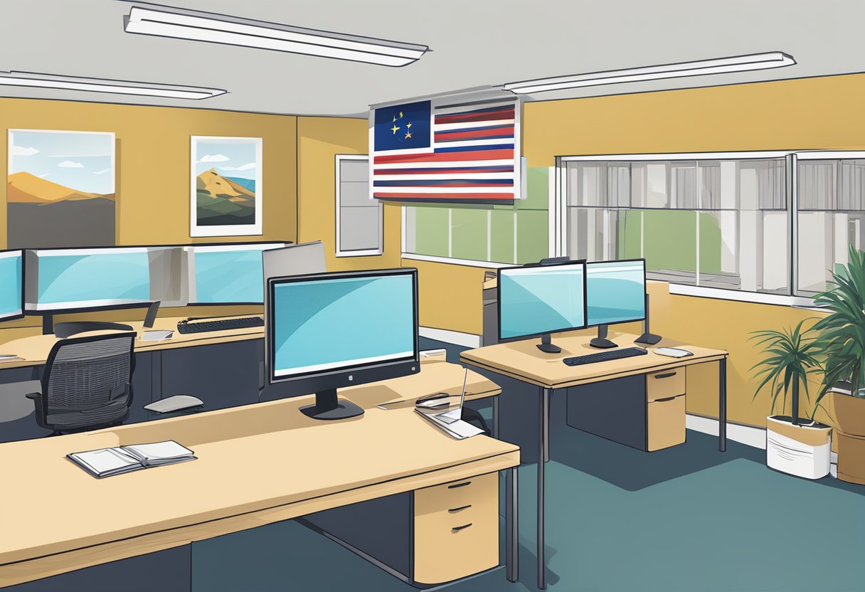 A modern office space with computer screens, legal documents, and a California state flag hanging on the wall