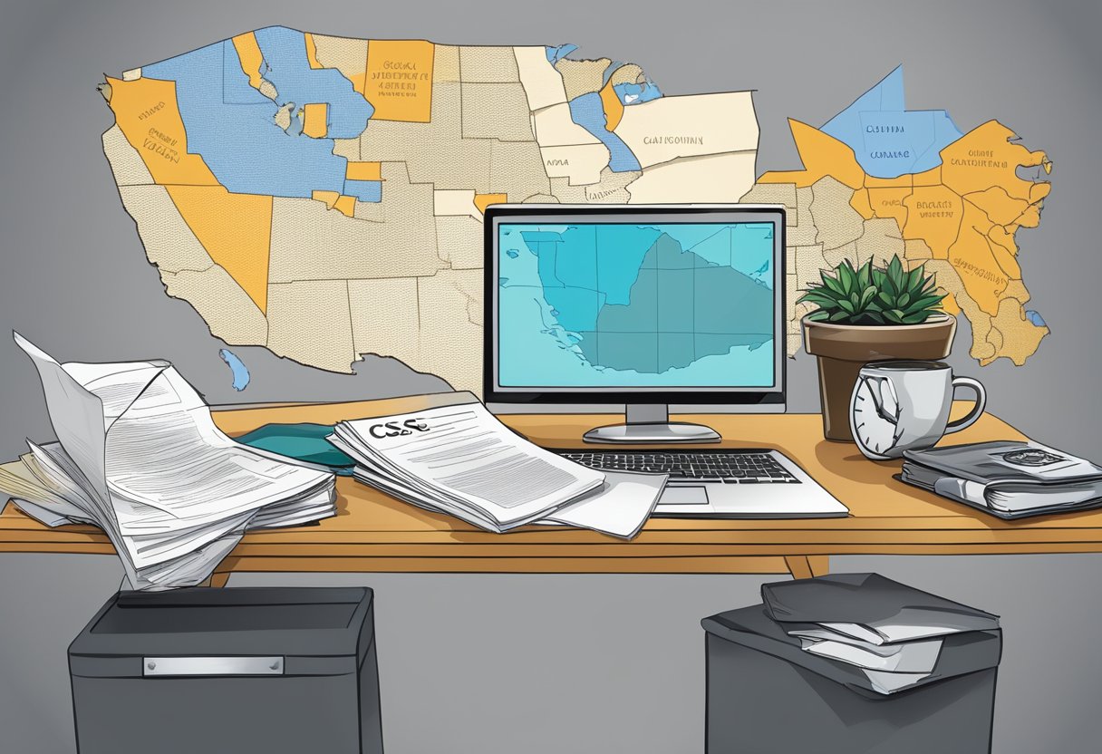 A desk cluttered with legal documents, a computer screen displaying the CSC Lawyers Incorporating Service Company logo, and a California map on the wall