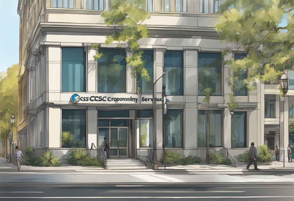 A modern office building in downtown Sacramento, California, with the company name "CSC Lawyers Incorporating Service Company" prominently displayed on the entrance