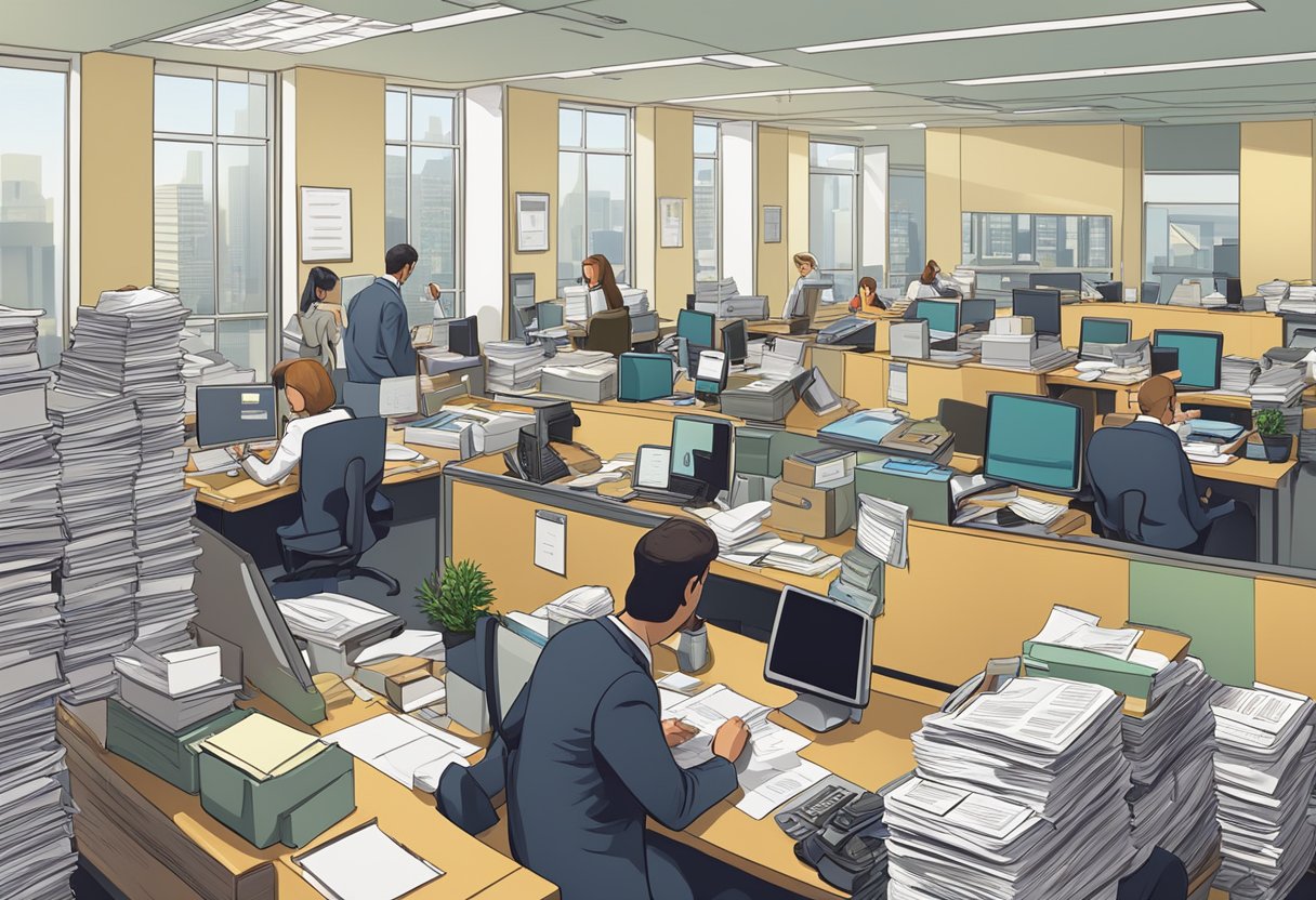 A busy office with employees answering phones and typing at computers, surrounded by stacks of paperwork and legal documents