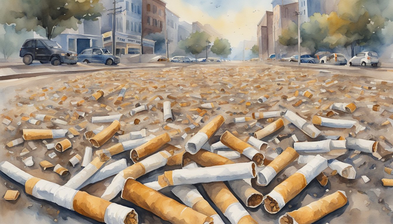 Cigarette butts litter the ground, surrounded by signs promoting mitigation and awareness