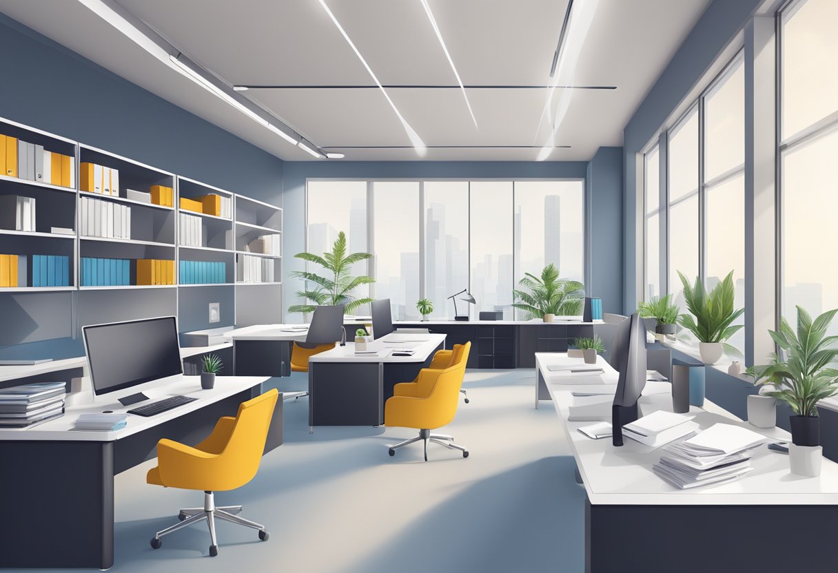 A sleek, modern office space with efficient workflow and organized legal documents