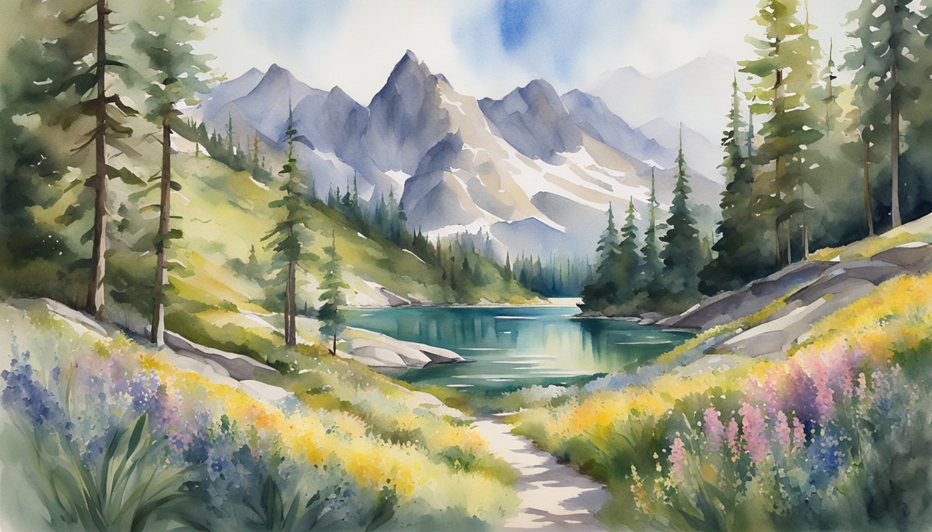 Sunlight filters through towering peaks, casting long shadows on rocky terrain.</p><p>A winding trail leads to a serene alpine lake, surrounded by vibrant wildflowers and dense evergreen forests