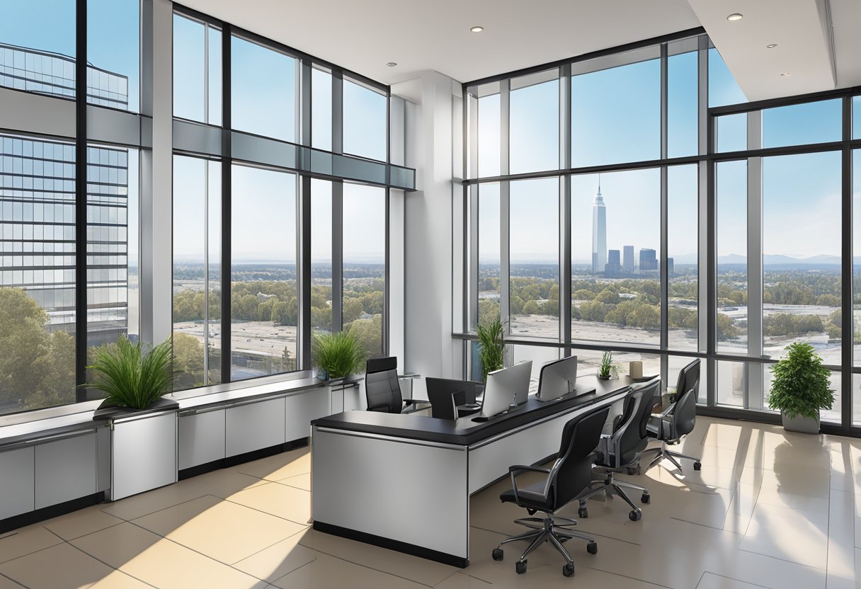 A modern office space with sleek furniture, large windows, and a view of the Sacramento skyline. The logo of "Client Peace of Mind CSC Lawyers Incorporating Service" is prominently displayed on the reception desk