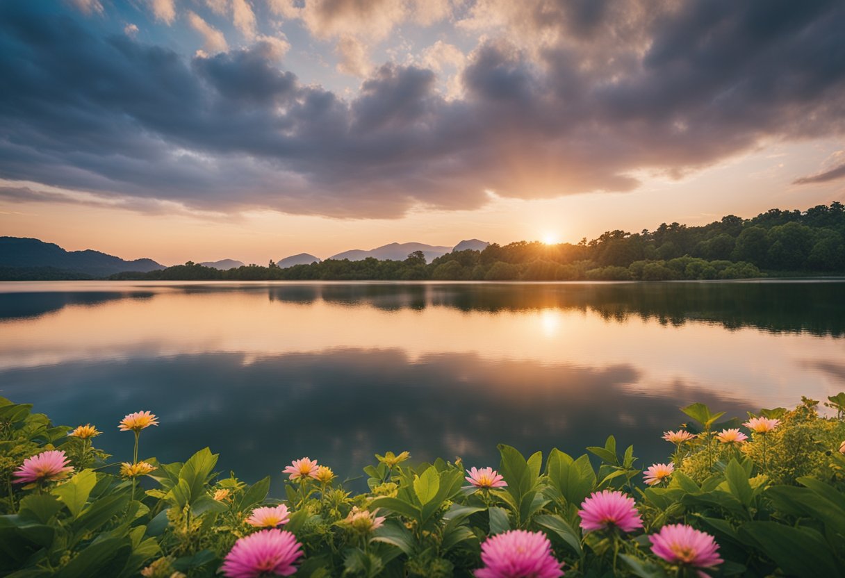 A serene sunrise over a tranquil lake, surrounded by lush greenery and vibrant flowers, symbolizing growth and transformation