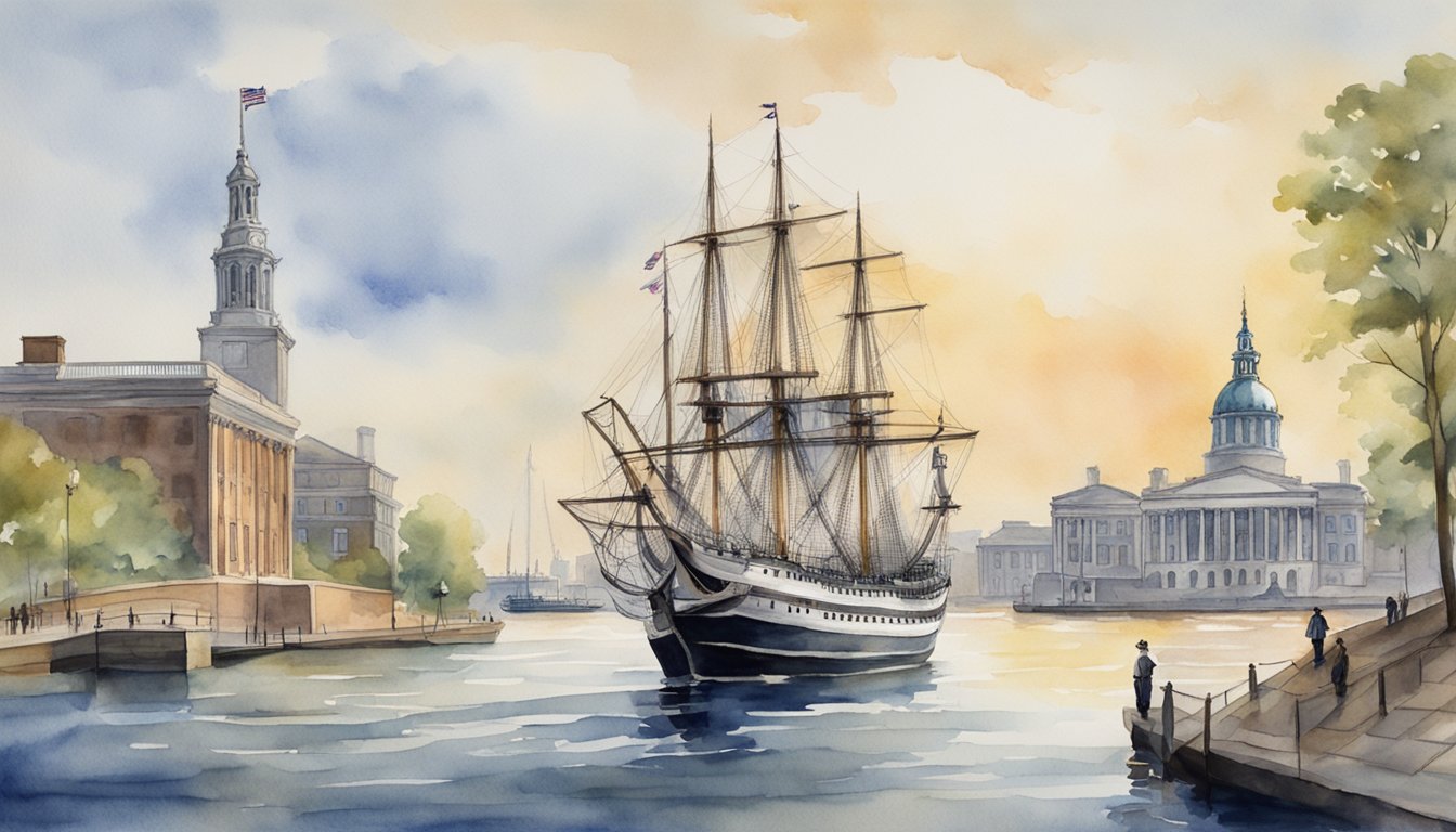 A colonial-era ship sails into Boston Harbor, with the Massachusetts State House and Paul Revere's statue in the background