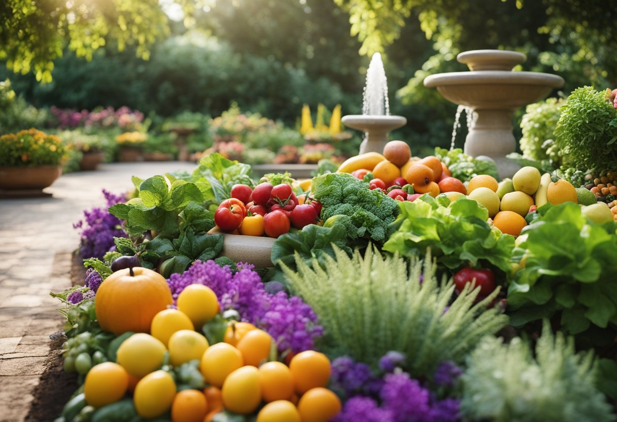 A serene garden with a variety of colorful fruits and vegetables growing, surrounded by vibrant flowers and lush greenery. A pathway leads to a tranquil meditation area with a bubbling fountain