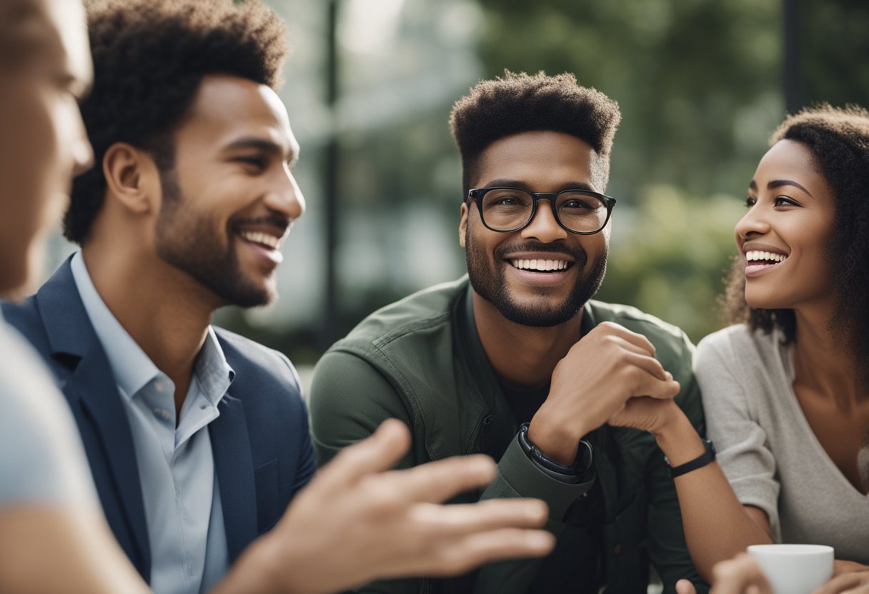 A group of diverse individuals engage in conversation, practicing active listening and positive body language. The atmosphere is warm and inviting, with everyone displaying genuine interest in each other's thoughts and feelings