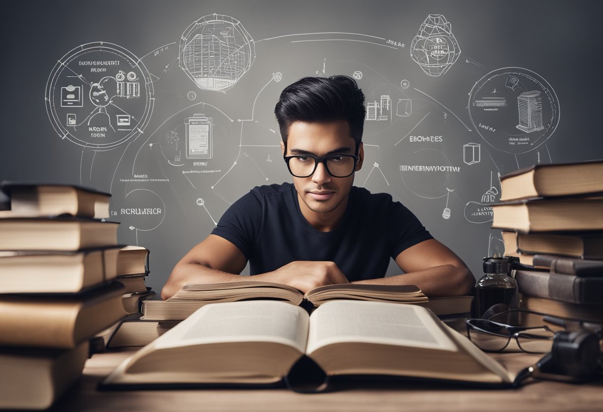 A person reading a book, surrounded by various tools and resources for self-improvement, with a clear focus and determination on their face
