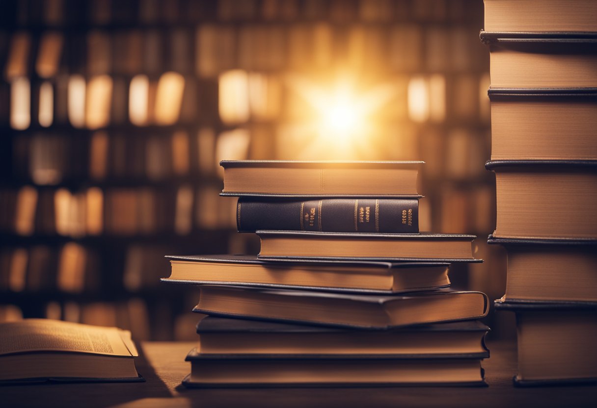 A stack of self-help books surrounded by a glowing aura, with a beam of light shining down on them from above