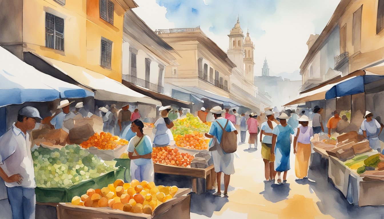 A bustling marketplace in Brazil, with vendors selling colorful fruits and textiles, while government buildings stand tall in the background