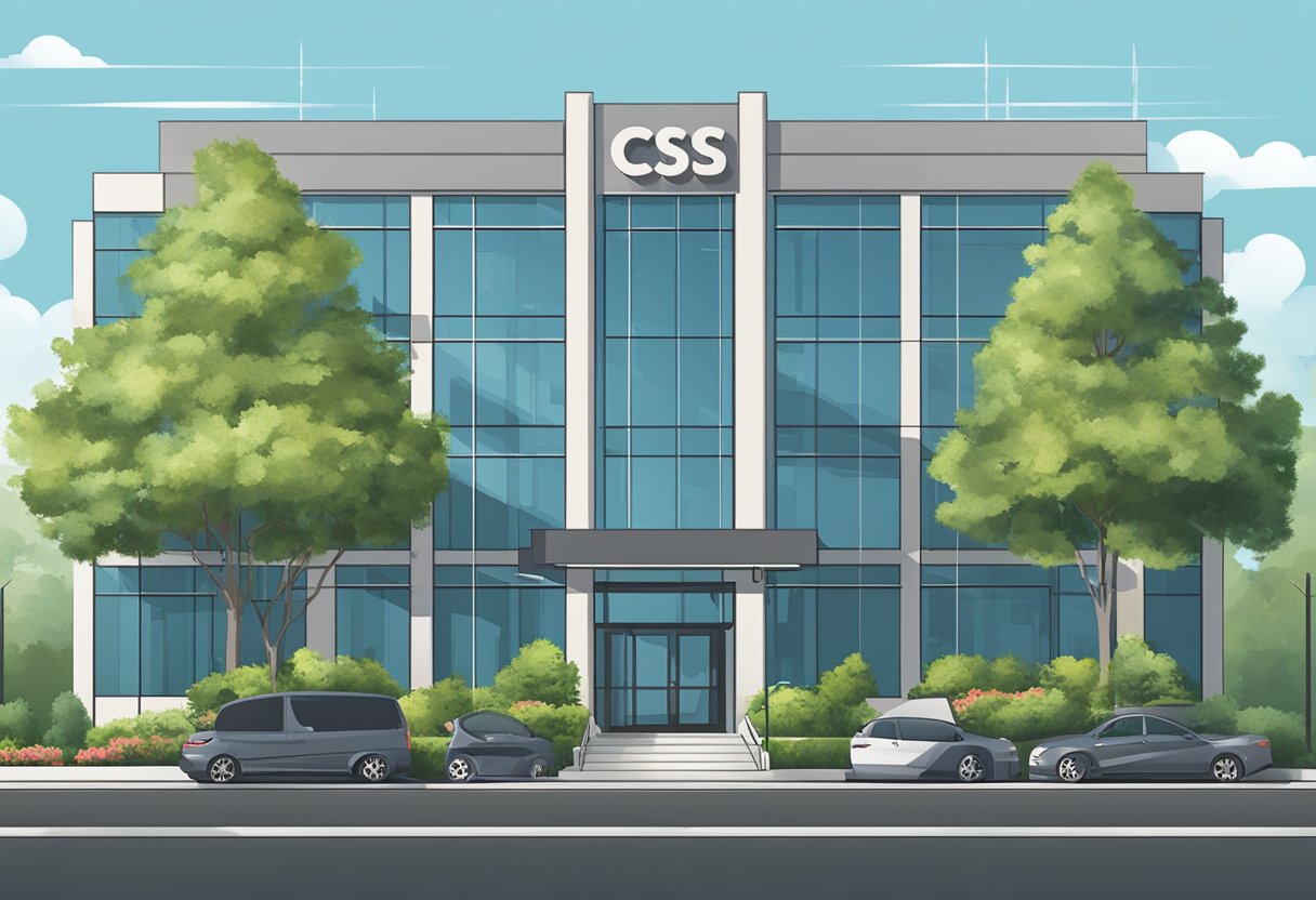 A modern office building with the sign "CSC Lawyers Incorporating Service" in Sacramento. Surrounding area is well-maintained with greenery