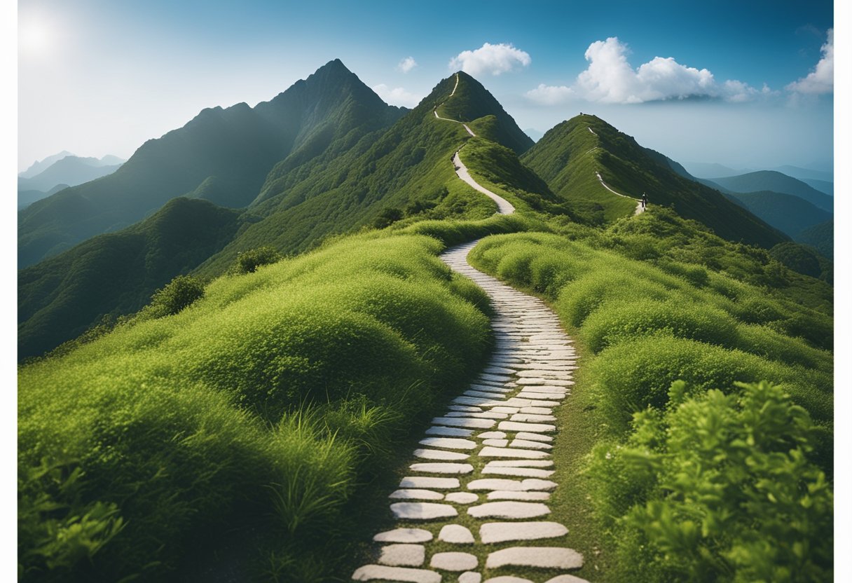A serene mountain peak with a winding path leading to the top, surrounded by lush greenery and a clear blue sky, symbolizing personal growth and success