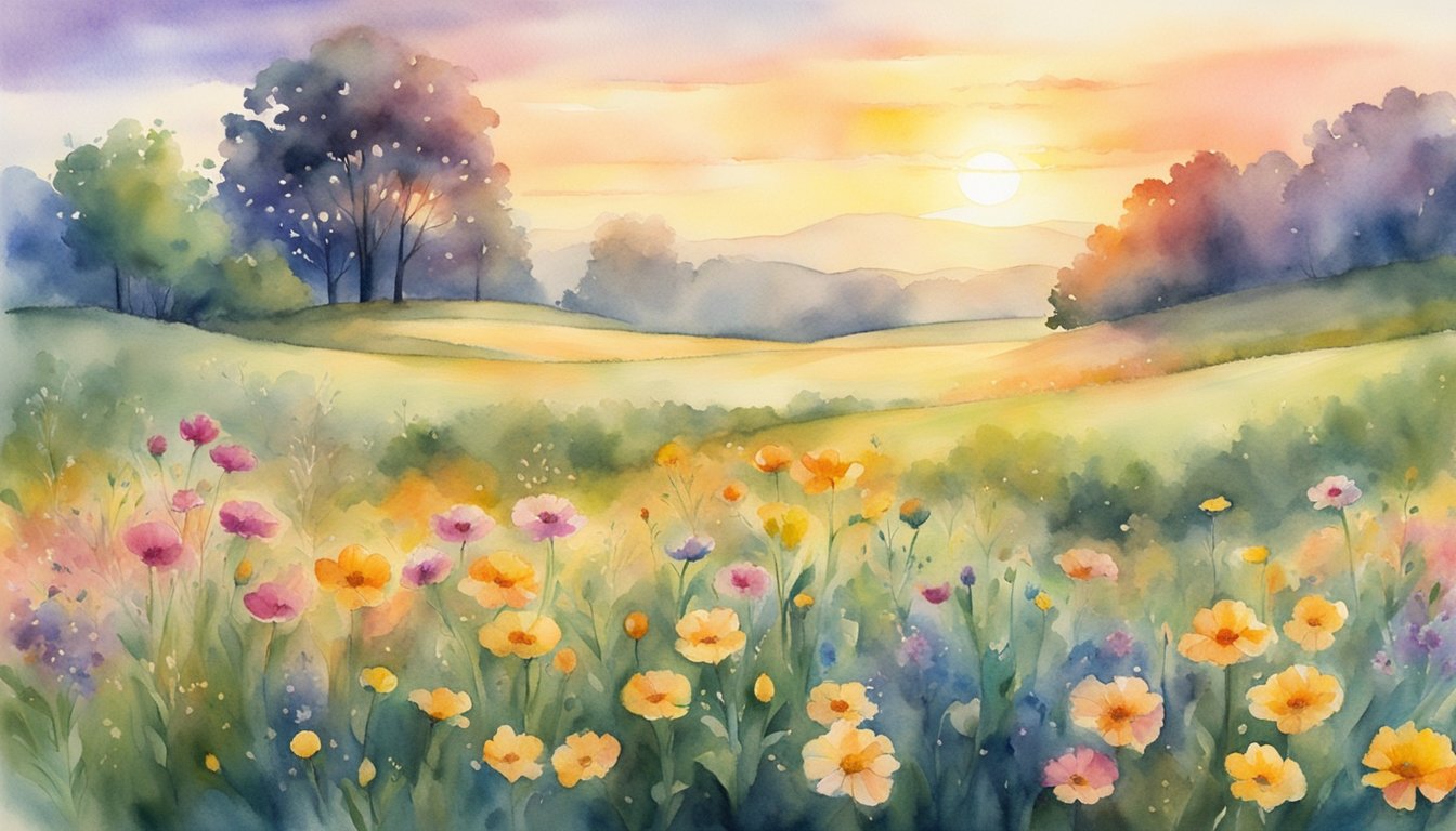 A vibrant sunrise over a tranquil meadow, with flowers blooming and birds chirping.</p><p>The sun's rays illuminate the earth, symbolizing the arrival of the vernal equinox 2024