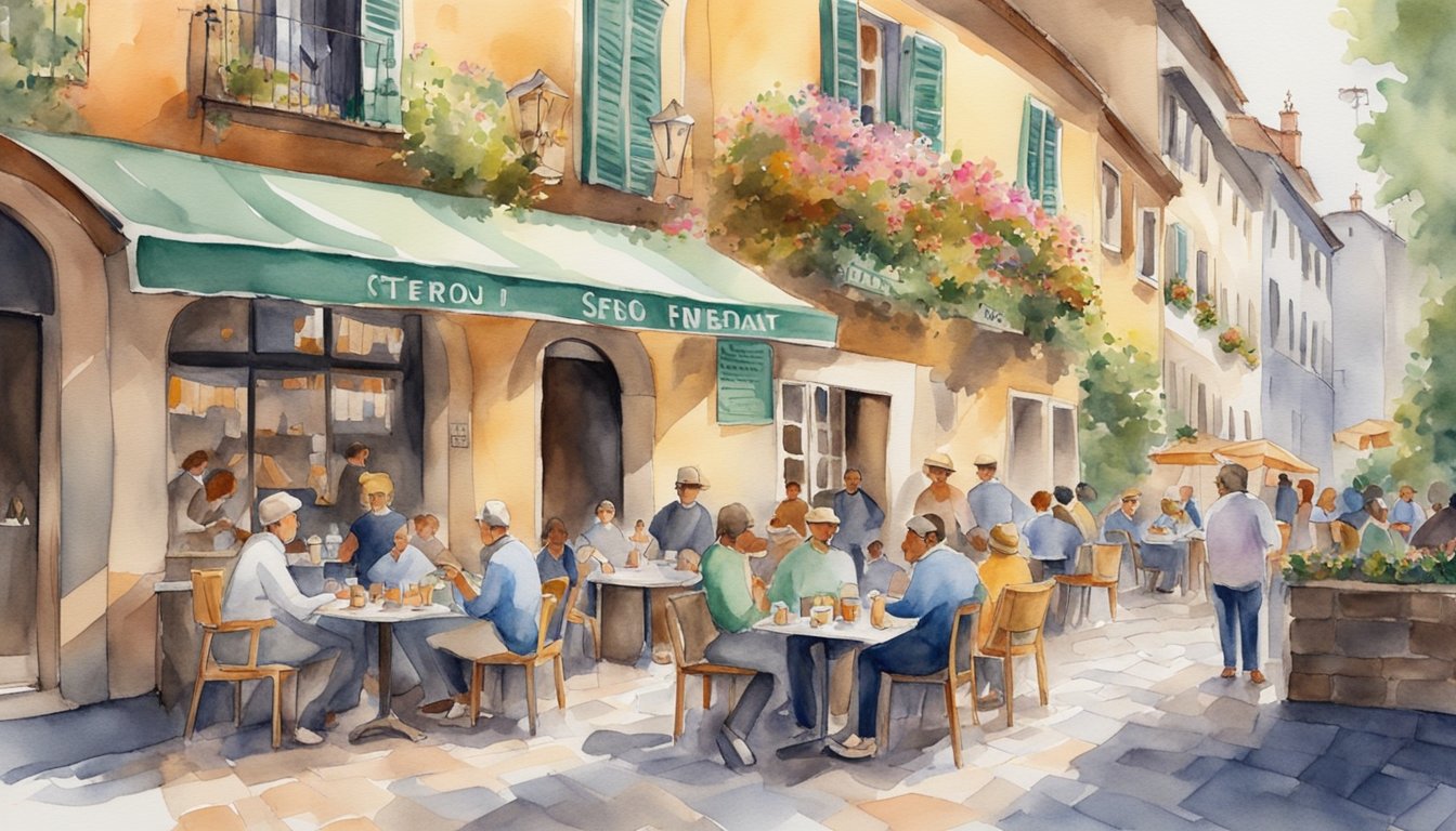 An outdoor cafe with checkered tablecloths, surrounded by cobblestone streets and colorful buildings.</p><p>A group of locals enjoy espresso and conversation while a street musician plays traditional Italian music