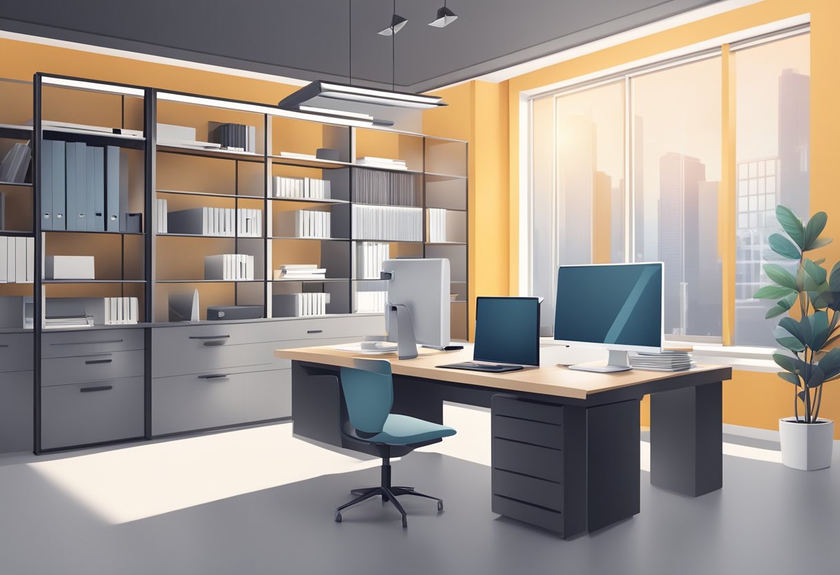 A modern office space with a sleek, professional atmosphere. A desk with a computer, phone, and legal documents. Clean and organized surroundings