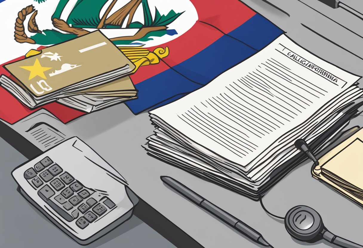 A stack of legal documents sits on a desk, with a California state flag in the background. The phone number for CSC Lawyers Incorporating Service is prominently displayed