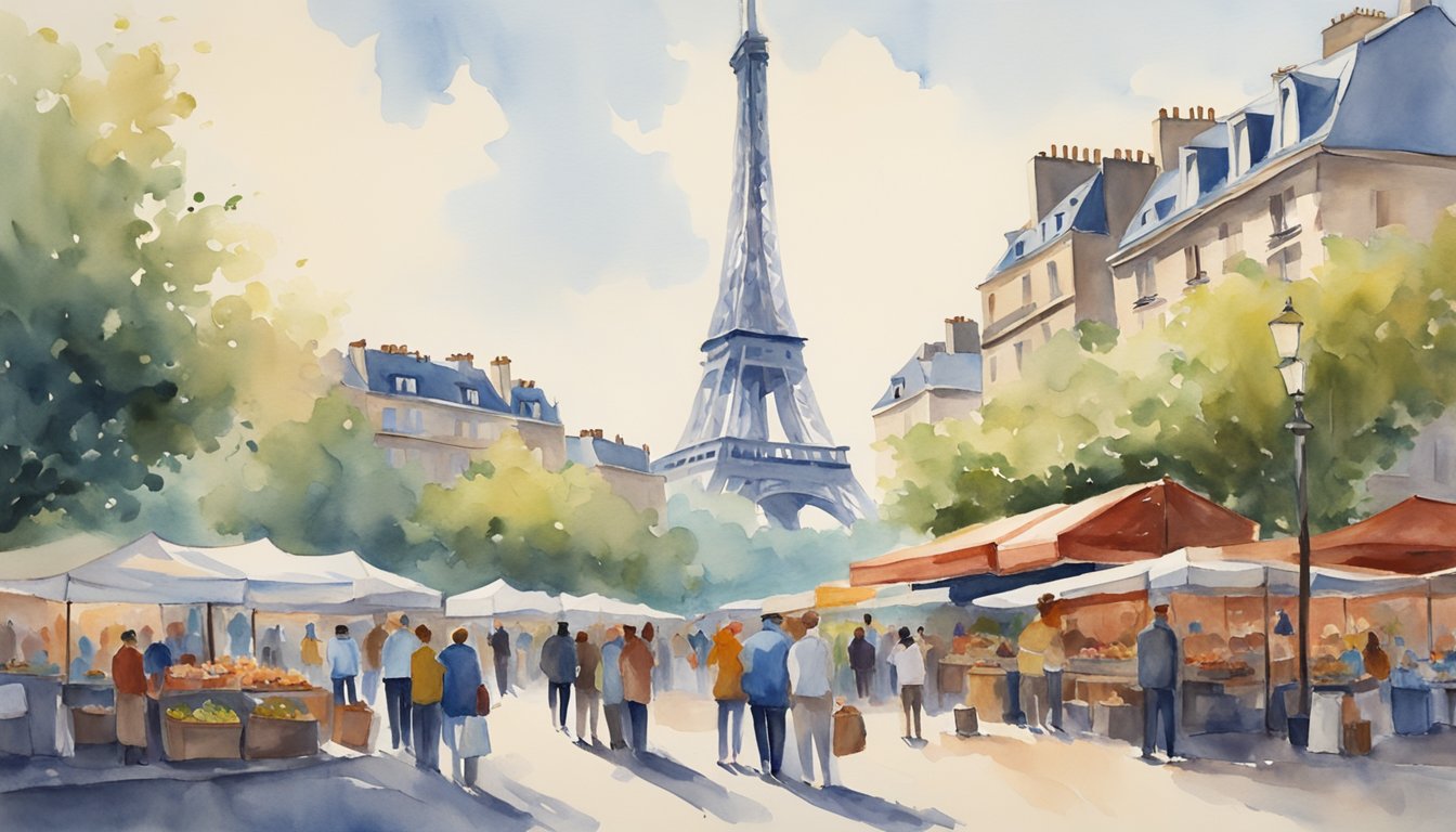 People gather around the iconic Eiffel Tower, gazing up at its towering structure against a clear blue sky.</p><p>Nearby, street vendors sell souvenirs and artists capture the scene on their canvases