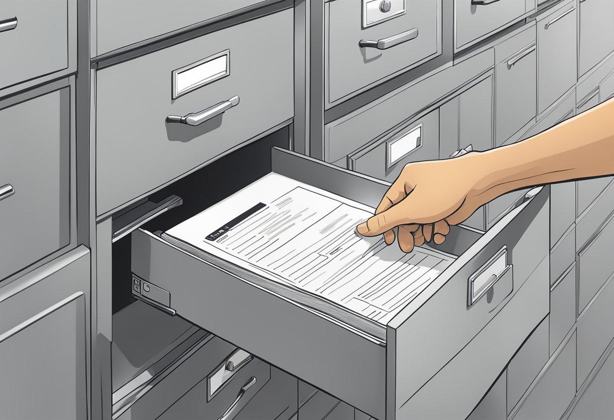 A hand places legal documents into a filing cabinet at CSC Lawyers Incorporating Service, located at 2710 Gateway Oaks Dr, Sacramento, CA