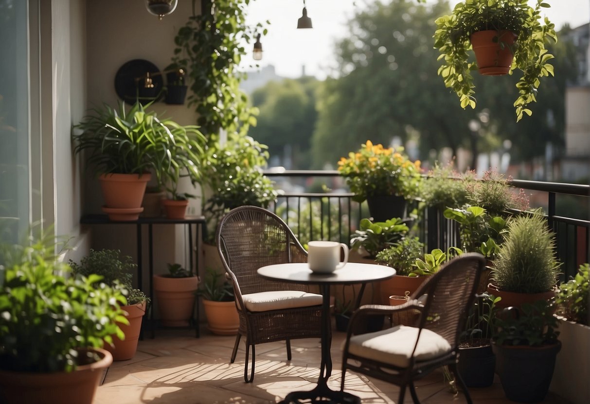 A cozy balcony with potted plants, hanging lights, and a small table set with a cup of coffee and a book