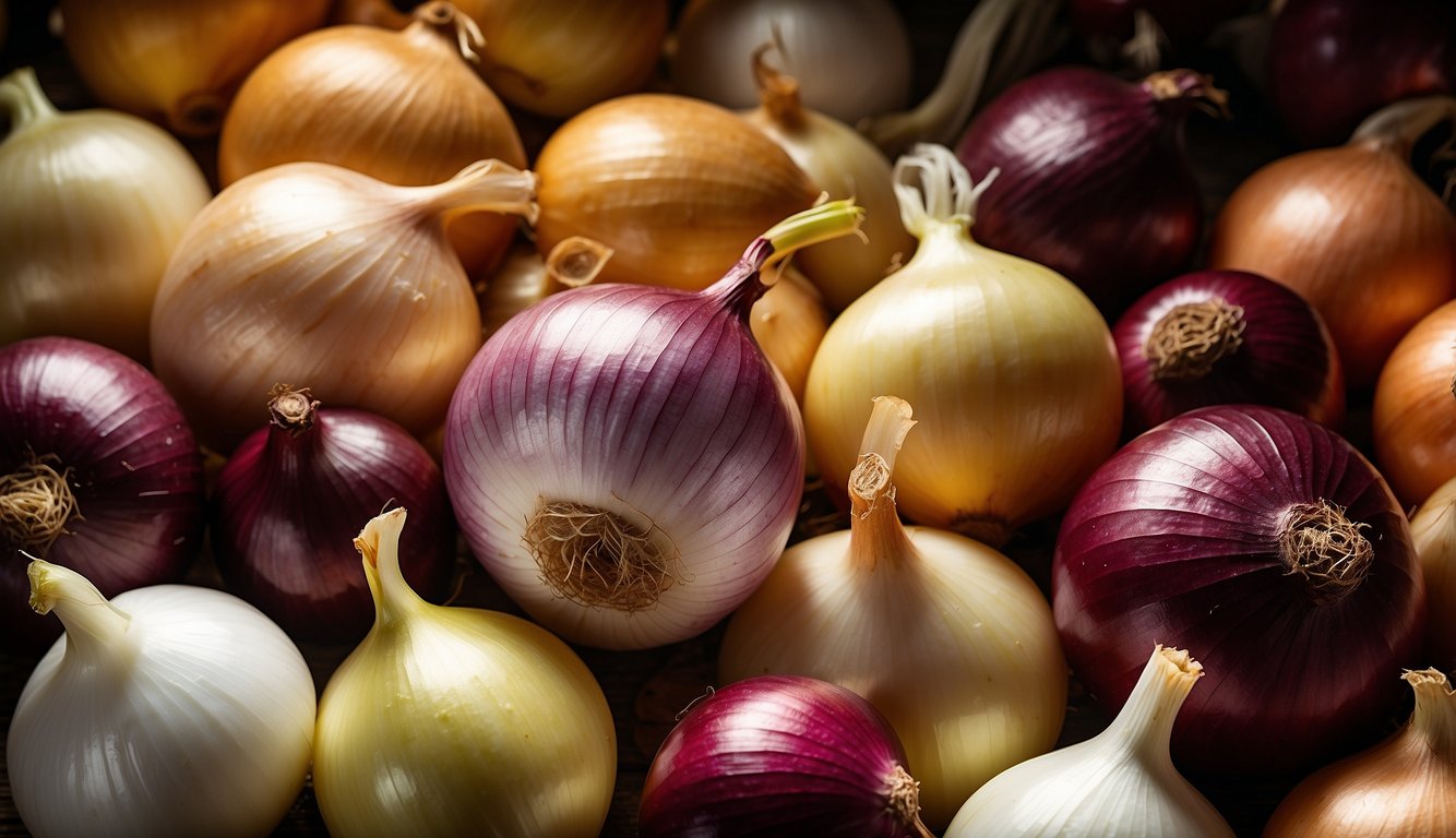 A chart displays common onion types: red, yellow, white, and sweet onions, each labeled with their respective names and characteristics