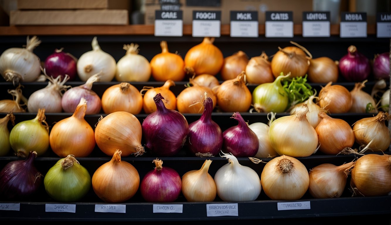 A colorful chart displays various specialty and less common varieties of onions, each labeled with its unique name and characteristics