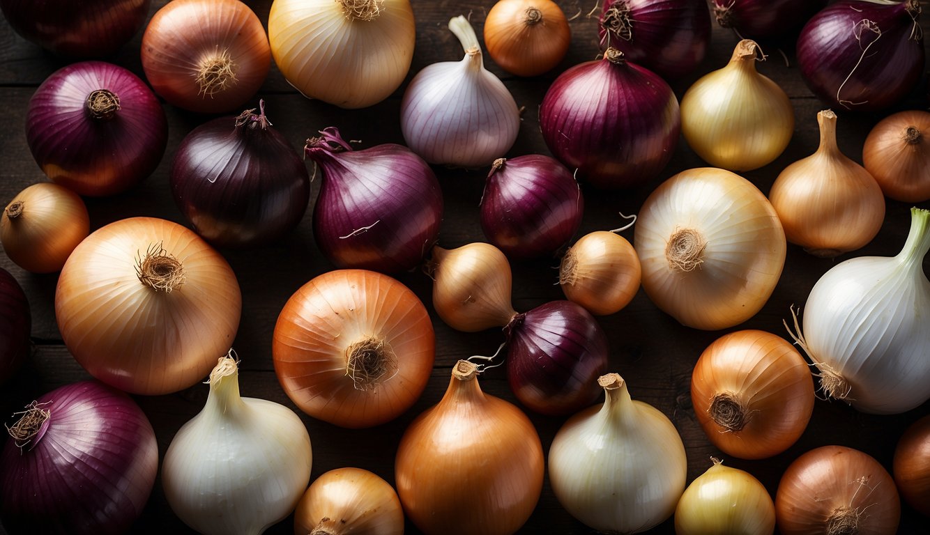Various types of onions arranged in a chart, showcasing their different sizes, shapes, and colors. The chart is labeled with the names of each onion variety