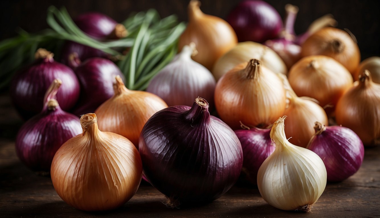 A colorful chart displays various onion varieties with their respective health benefits and nutritional information