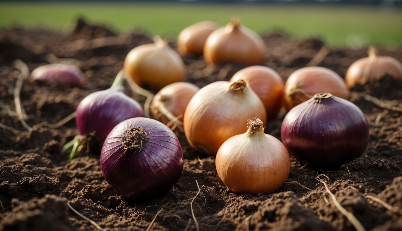 Onions of various sizes and colors are being harvested from the ground, with a chart displaying the different varieties in the background