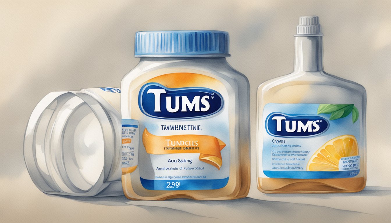 A bottle of Tums with clear dosage instructions and safety information displayed prominently on the label