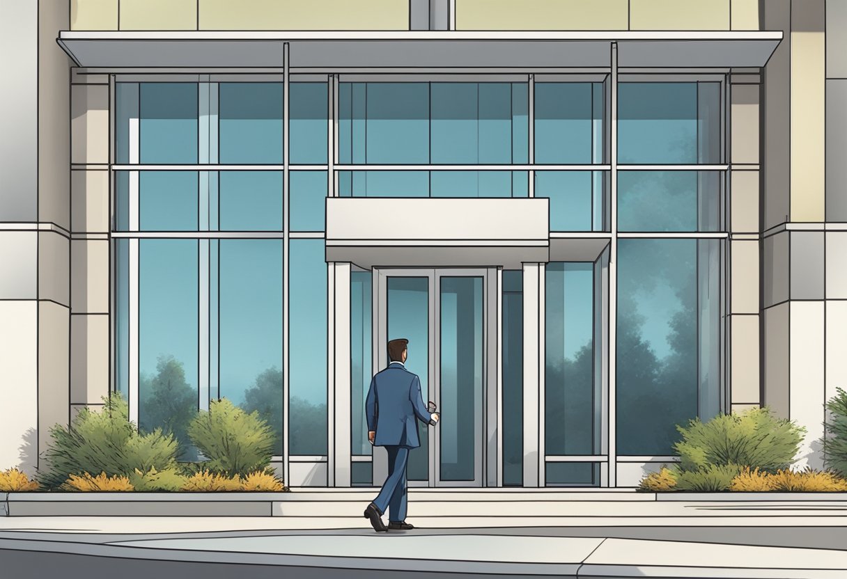 A process server approaches the office building at 2710 Gateway Oaks Drive, Suite 150N in Sacramento, California. The building exterior is modern and professional, with glass windows and a polished entrance