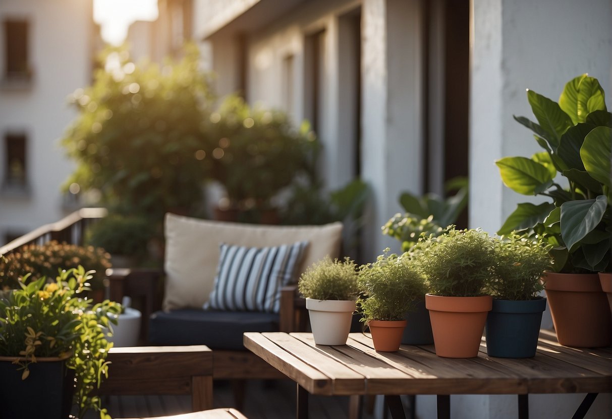 A cozy balcony with potted plants, a small table, and comfortable seating arranged to make the perfect green retreat.