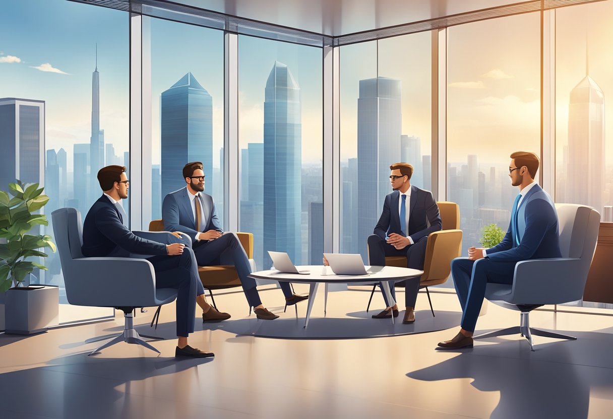 A group of professionals discussing legal matters in a modern office setting with sleek furniture and large windows overlooking a city skyline