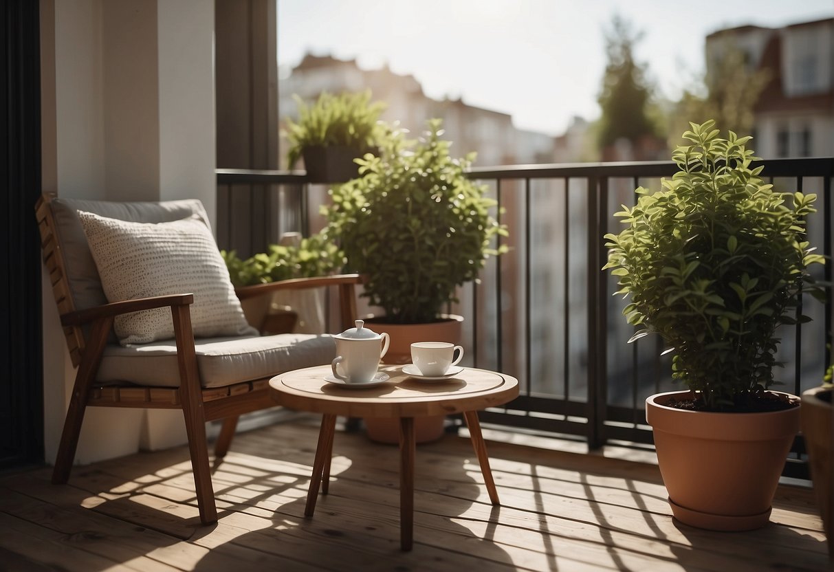 A cozy balcony with potted plants, a privacy screen, and comfortable seating. A book and a cup of tea sit on a small table, creating a peaceful and inviting atmosphere