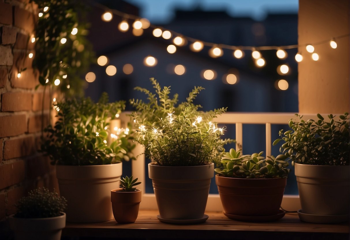 A cozy green retreat with twinkling string lights, casting a warm glow on potted plants and creating a magical ambiance.