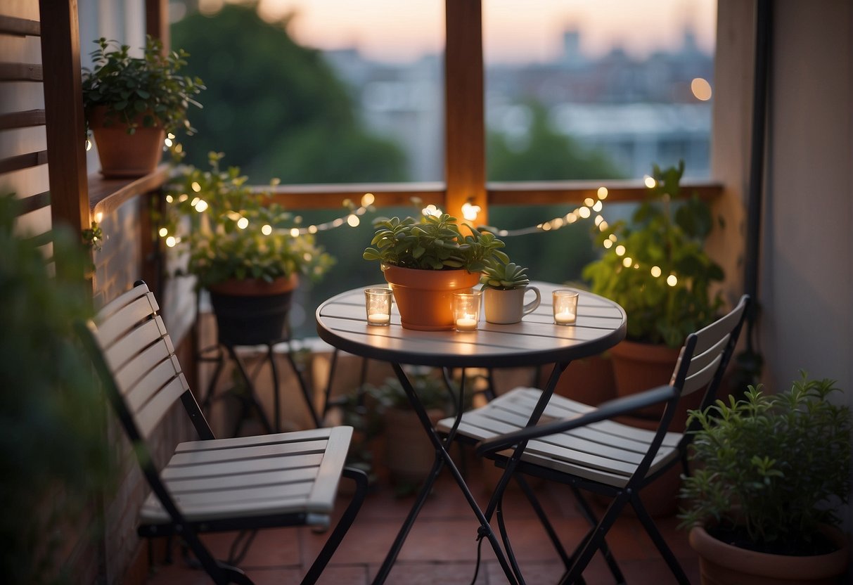 A cozy balcony garden oasis with potted plants, a small table and chairs, and twinkling string lights creating a serene and inviting atmosphere