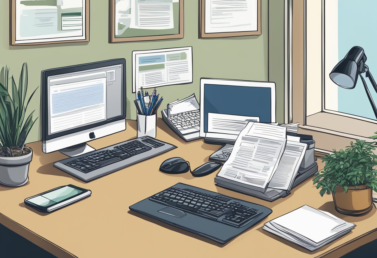 A busy office desk with a computer, phone, and paperwork. A sign with "Frequently Asked Questions csc lawyers incorporating service sacramento contact" prominently displayed