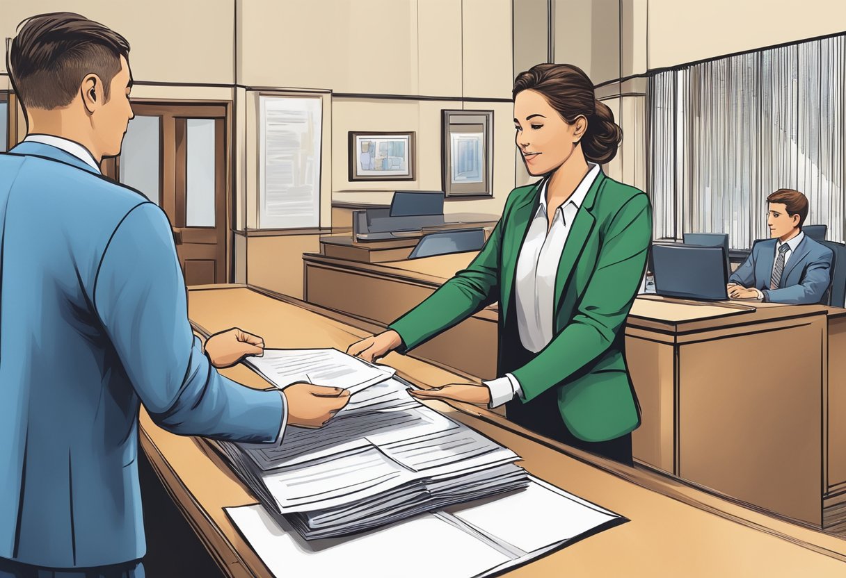 A process server delivers legal documents to a law office in Sacramento. The server hands the documents to a receptionist at the front desk