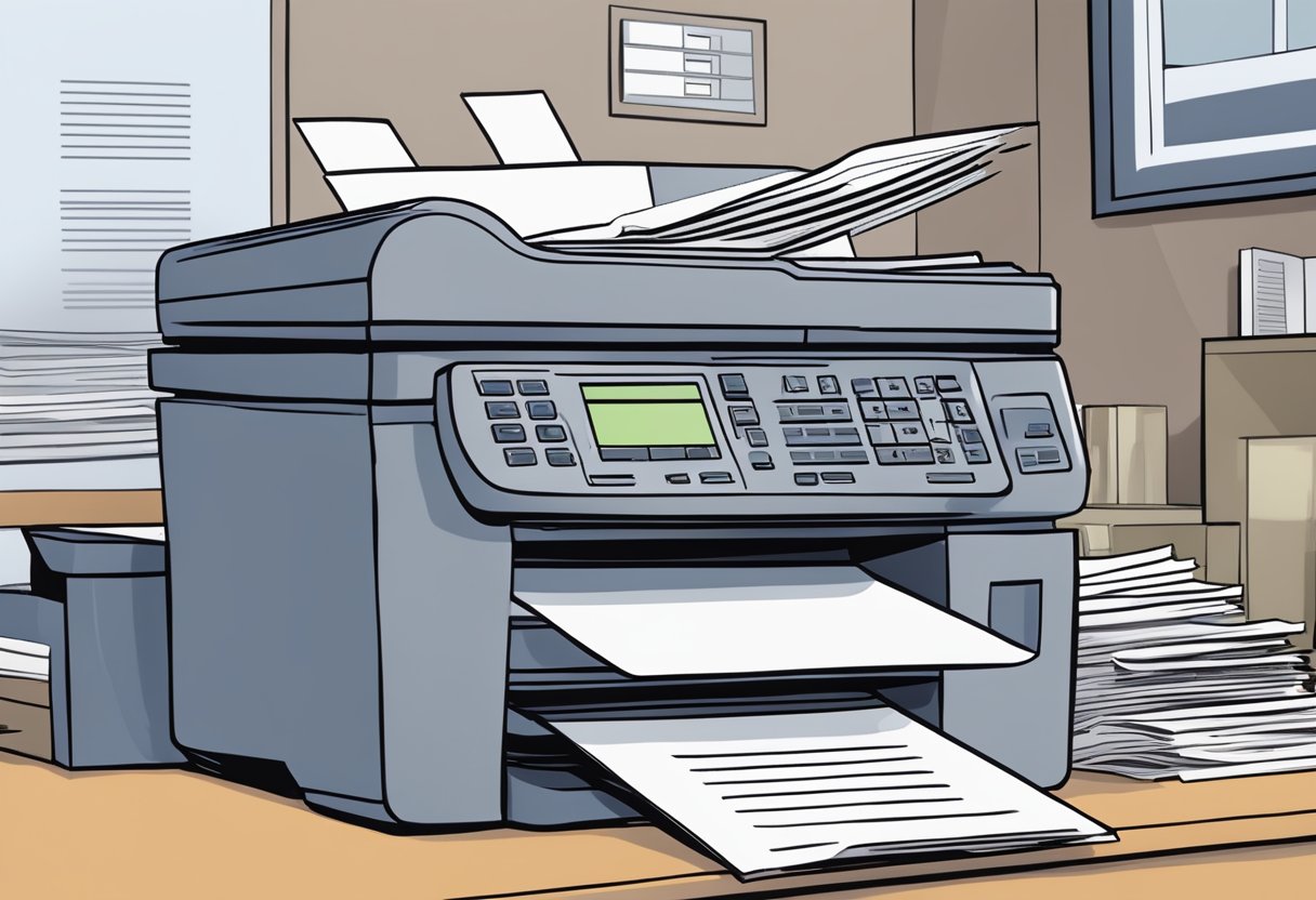 A stack of legal documents being processed by a fax machine at CSC Lawyers Incorporating Service in Sacramento