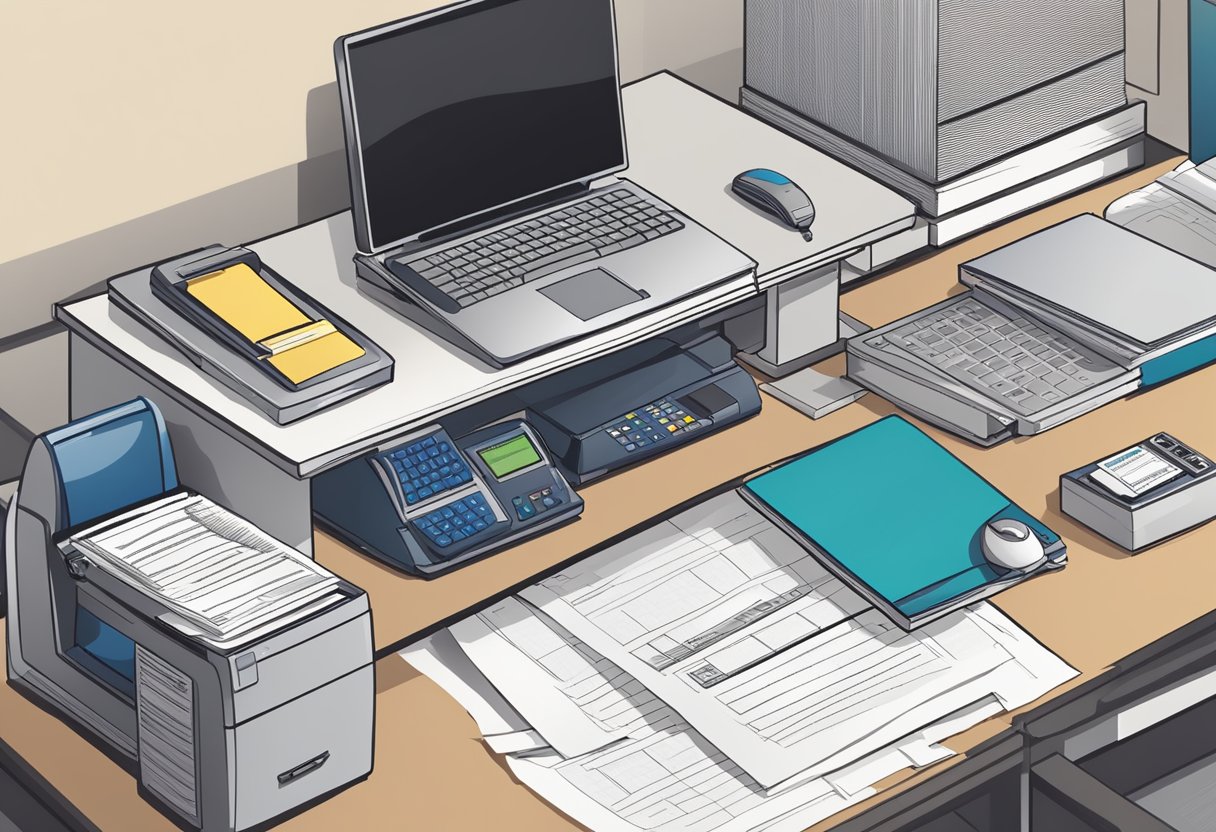 A desk with a computer, printer, and fax machine. A stack of legal documents and a phone nearby. The logo for "Compliance and Filing Services" is visible