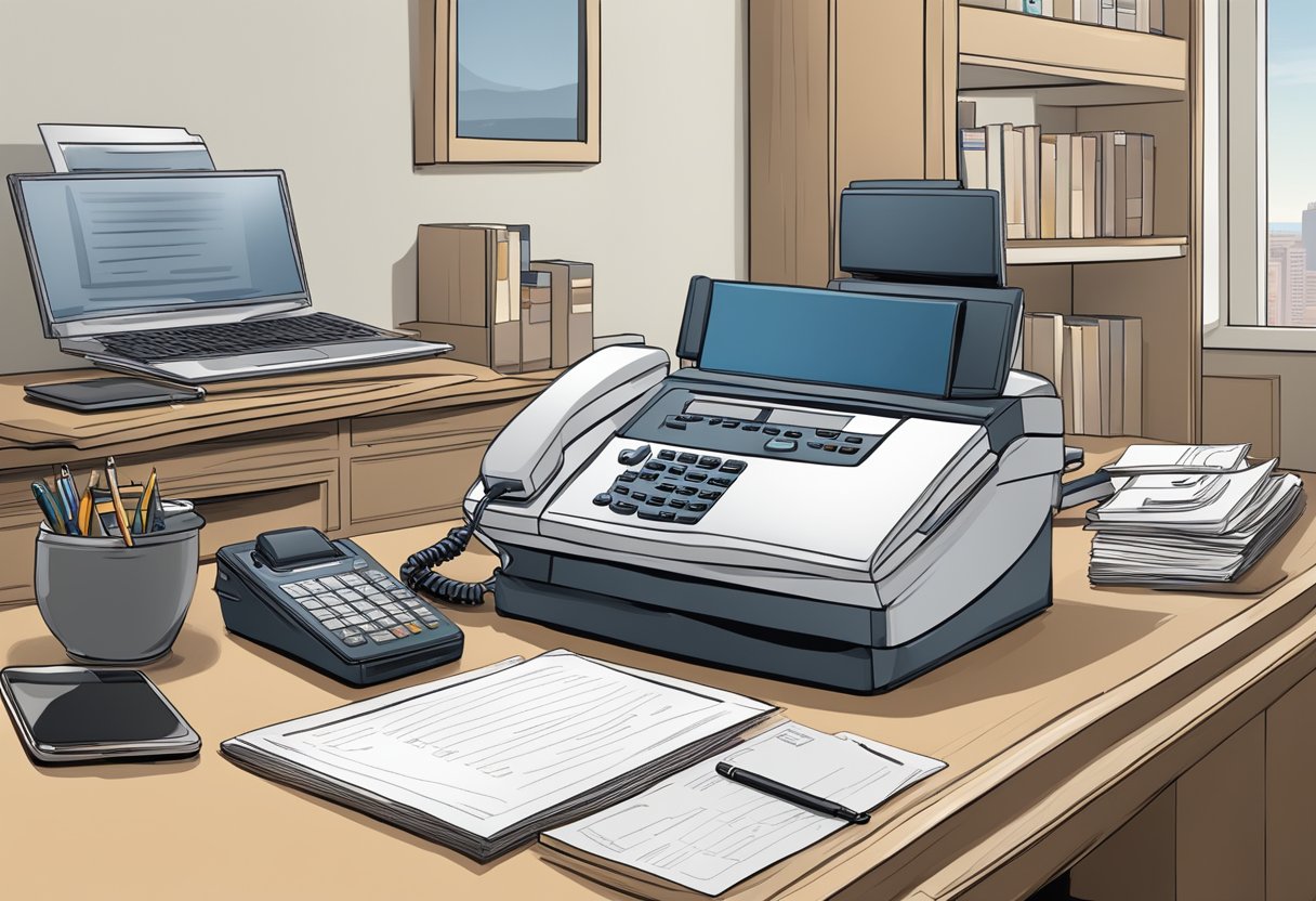 A desk with a computer, phone, and paperwork. A fax machine with the number (916) 555-1234. A sign for "CSC Lawyers Incorporating Service."