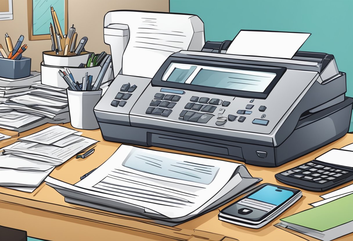 A busy office desk with a fax machine, computer, and phone. A stack of papers labeled "Frequently Asked Questions" sits on the desk