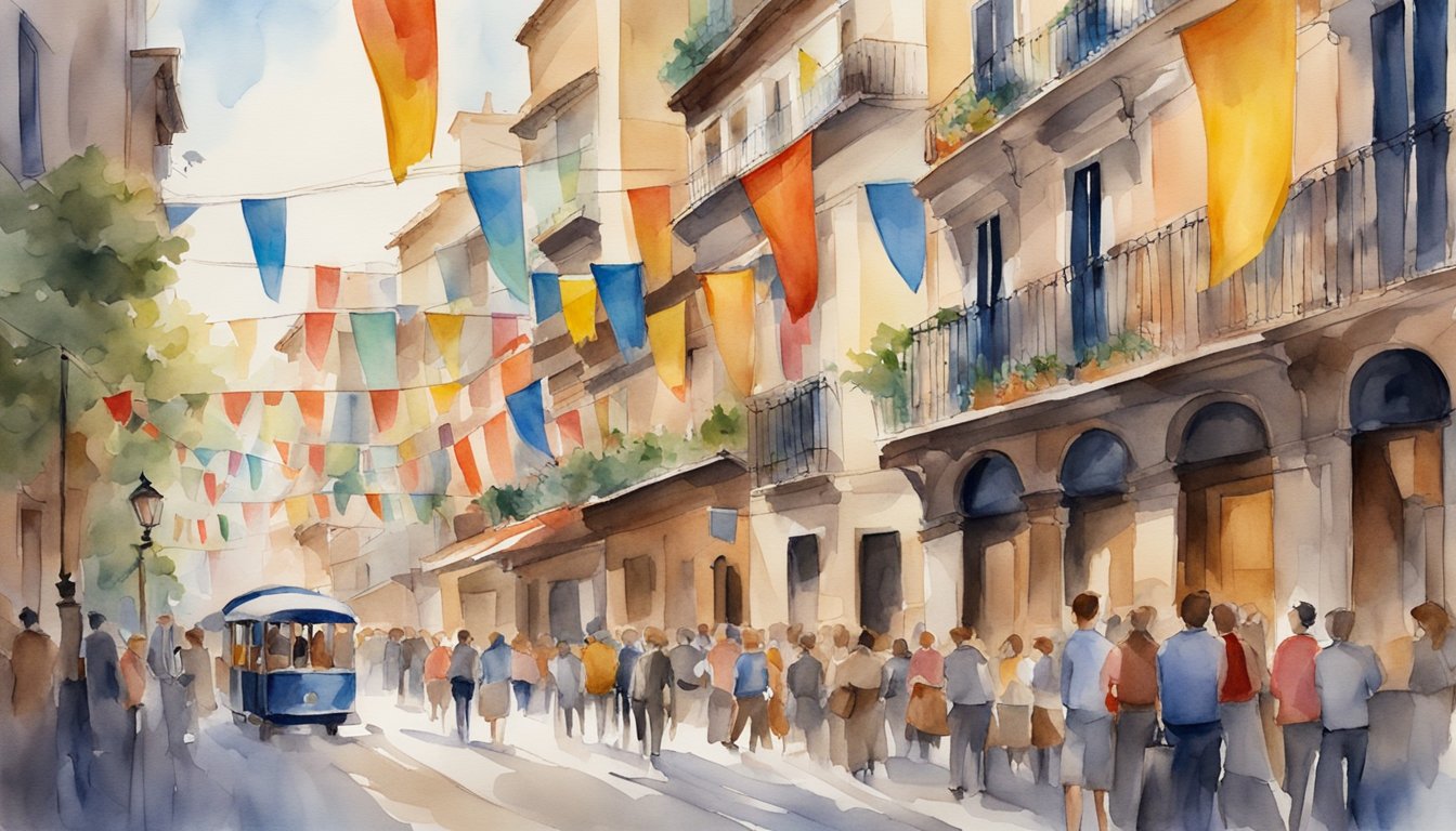 A bustling city street lined with traditional Spanish architecture, adorned with colorful flags and bustling with modern life activities